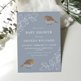 Robin Botanical Dusty Blue Baby Shower  Einladung