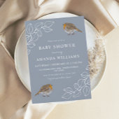 Robin Botanical Dusty Blue Baby Shower  Einladung