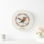Robin Botanische Vintage Blume für Vogelliebhaber Große Wanduhr (Zuhause)