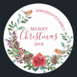 Robin & Christmas Blume & Heiligenkranz Runder Aufkleber<br><div class="desc">Moderne Aquarellen illustrieren den Weihnachtskranz mit heiligen roten Beeren und 2 Rotkehlvögeln. Anpassbarer Text.</div>