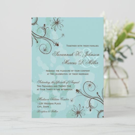 Robin Egg Blue Brown Floral Wedding Einladungen (Stehend Vorderseite)