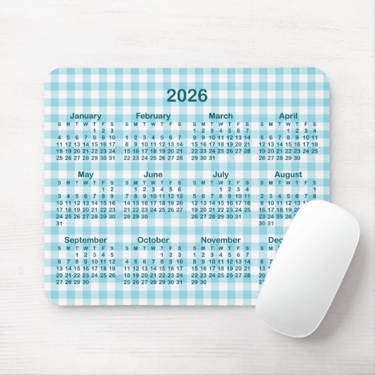 Robin Egg Blue Gingham Plaid 2026 Calendar Mousepad (Mit Mouse)