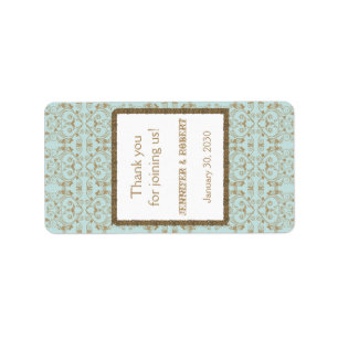 Robin Egg Blue Gold Damask Wedding Lip Balm Label Adressaufkleber