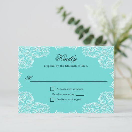 Robin Egg Blue Lace Frame Gray Wedding RSVP (Stehend Vorderseite)