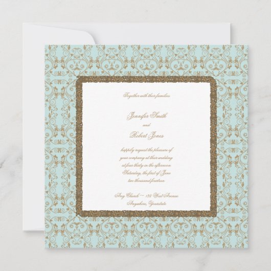 Robin Egg Blue und Gold Damask Hochzeitsaufenthalt Einladung (Vorderseite)