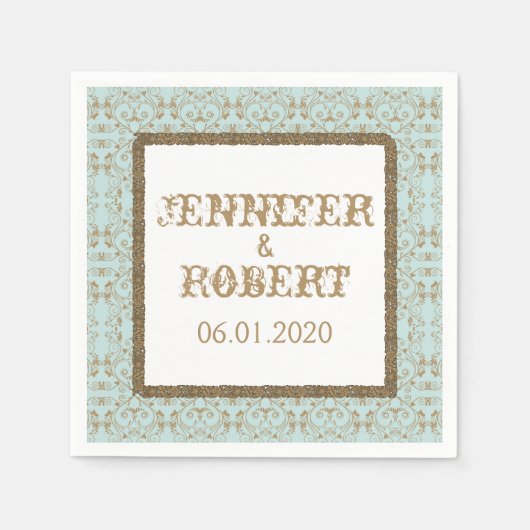 Robin Egg Blue und Gold Damask Wedding Serviette (Vorderseite)