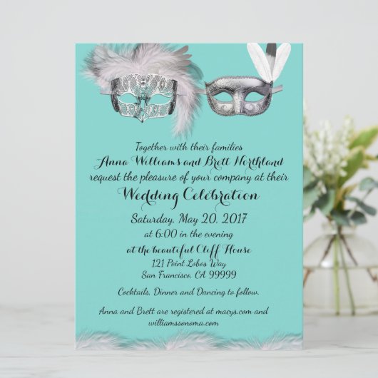 Robin Egg Blue und White Masquerade Hochzeit Einladung (Stehend Vorderseite)