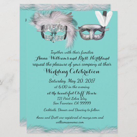 Robin Egg Blue und White Masquerade Hochzeit Einladung (Vorne/Hinten)