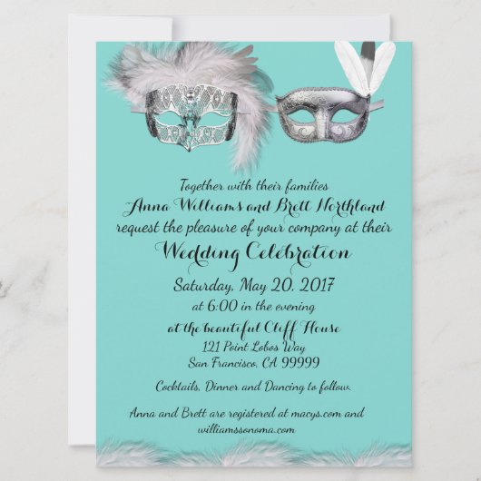 Robin Egg Blue und White Masquerade Hochzeit Einladung (Vorderseite)