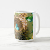 Robin eggs unhatched in einem Hinterhofbaumnest Kaffeetasse (VorderseiteRechts)