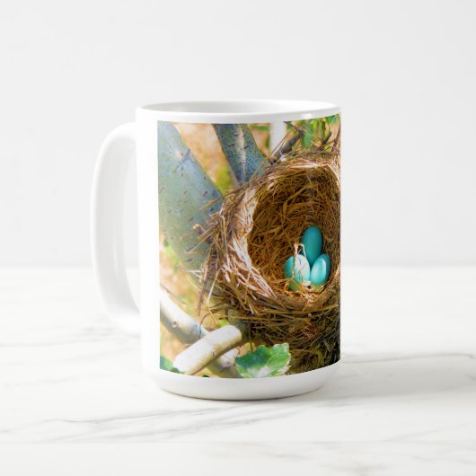 Robin eggs unhatched in einem Hinterhofbaumnest Kaffeetasse (Vorderseite Links)