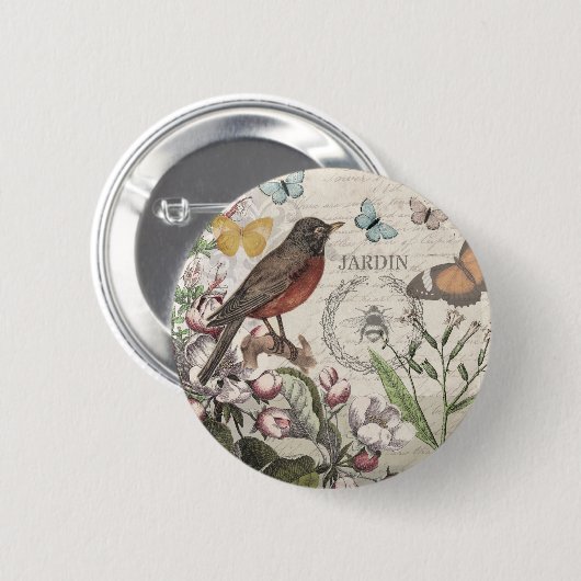 Robin Elegant Bird Butterfly Französische Kunst Button (Vorne & Hinten)