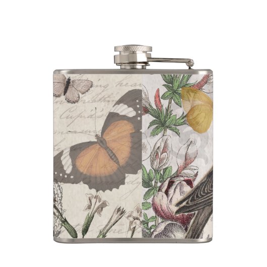 Robin Elegant Bird Butterfly Französische Kunst Flachmann (Rückseite)