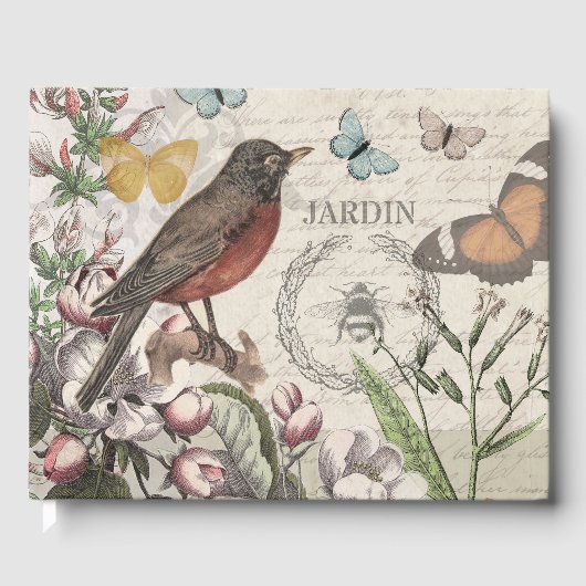 Robin Elegant Bird Butterfly Französische Kunst Gästebuch (Vorderseite)