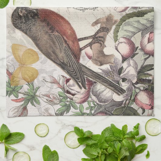 Robin Elegant Bird Butterfly Französische Kunst Geschirrtuch (Gefaltet)