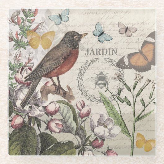 Robin Elegant Bird Butterfly Französische Kunst Glasuntersetzer (Vorderseite)