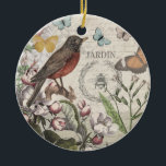Robin Elegant Bird Butterfly Französische Kunst Keramik Ornament<br><div class="desc">Diese hübsche Vogel- und Schmetterlingscollage basiert auf Kunstwerken aus der Viktorianischen Zeit,  in einem schicken Design mit Blume,  einem Vogelkäfig und antiken Schriften,  kombiniert mit einem weichen Hintergrund.</div>