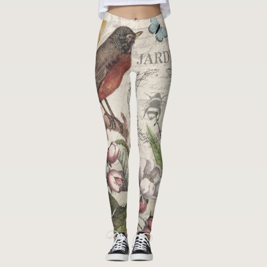Robin Elegant Bird Butterfly Französische Kunst Leggings (Vorderseite)