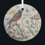 Robin Elegant Bird Butterfly Französische Kunst Ornament Aus Glas<br><div class="desc">Diese hübsche Vogel- und Schmetterlingscollage basiert auf Kunstwerken aus der Viktorianischen Zeit,  in einem schicken Design mit Blume,  einem Vogelkäfig und antiken Schriften,  kombiniert mit einem weichen Hintergrund.</div>