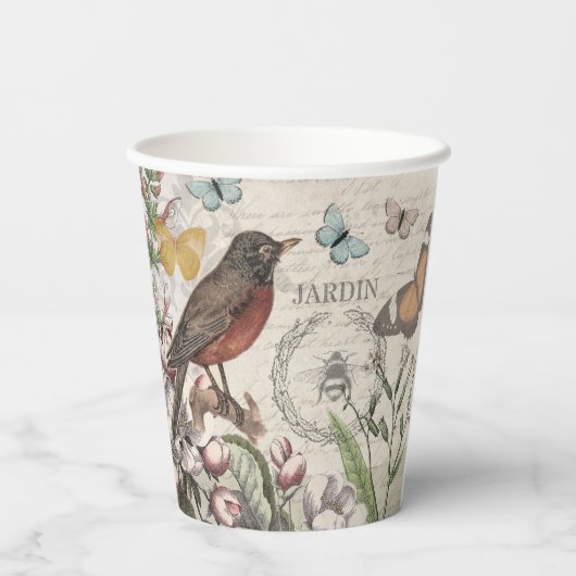 Robin Elegant Bird Butterfly Französische Kunst Pappbecher (Rückseite)