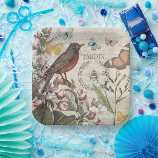 Robin Elegant Bird Butterfly Französische Kunst Pappteller (Party)
