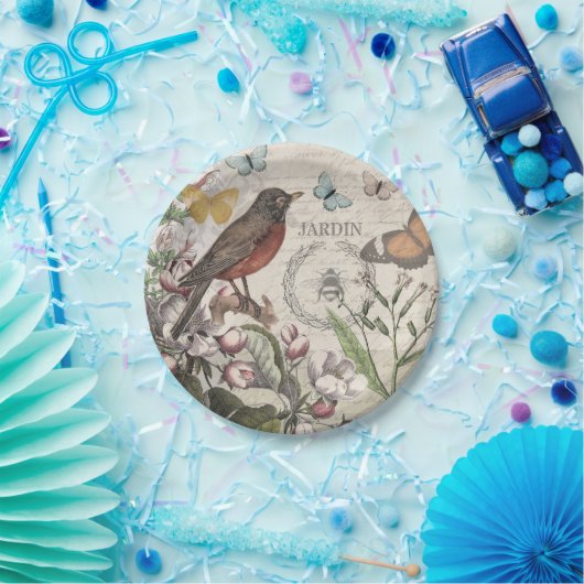 Robin Elegant Bird Butterfly Französische Kunst Pappteller (Party)