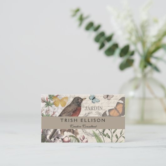 Robin Elegant Bird Butterfly Französische Kunst Visitenkarte (Stehend Vorderseite)