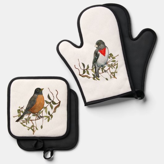 Robin Grosbeak Oven Mitt and Pot Holder Set (Vorderseite/Rückseite)