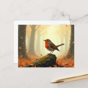Robin im Herbst/Herbstwald, Blätter fallen Postkarte