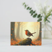 Robin im Herbst/Herbstwald, Blätter fallen Postkarte (Stehend Vorderseite)