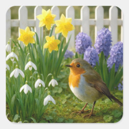 Robin in a Springtime Garden Quadratischer Aufkleber