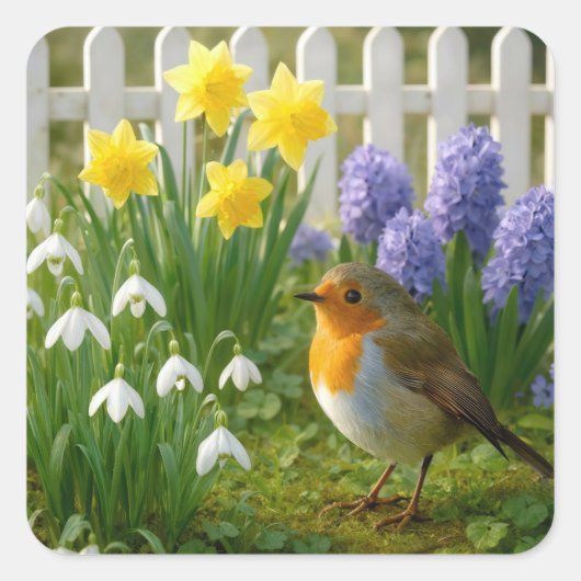 Robin in a Springtime Garden Quadratischer Aufkleber (Vorderseite)
