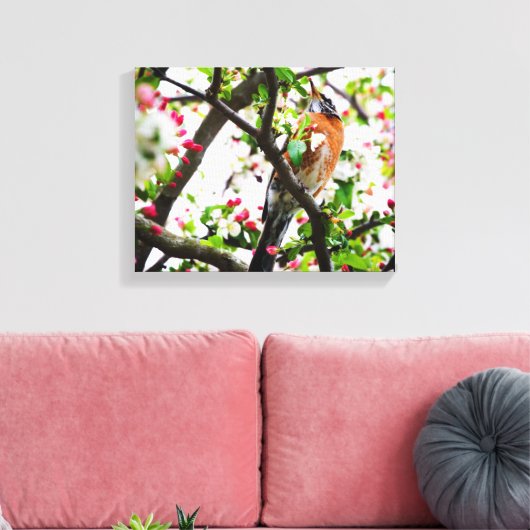 Robin in Blooming Crabapple Tree Print Leinwand (Insitu (Wohnzimmer))