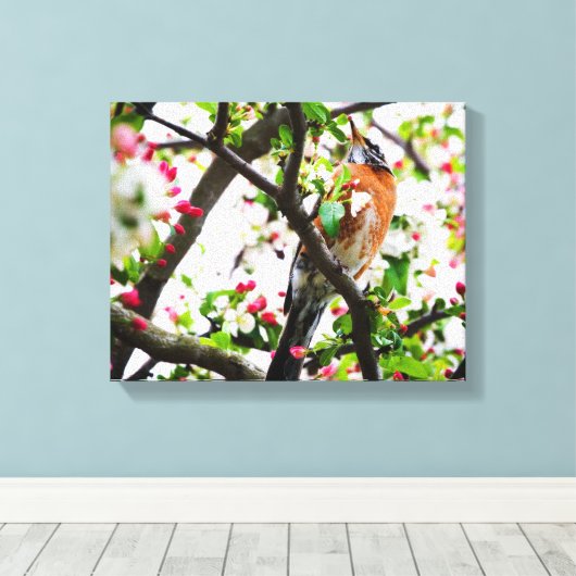 Robin in Blooming Crabapple Tree Print Leinwand (Insitu (Holzboden))