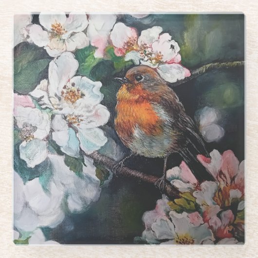 Robin mit Kirschblüte Glasuntersetzer (Vorderseite)