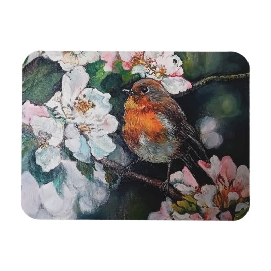 Robin mit Kirschblüte Magnet (Horizontal)
