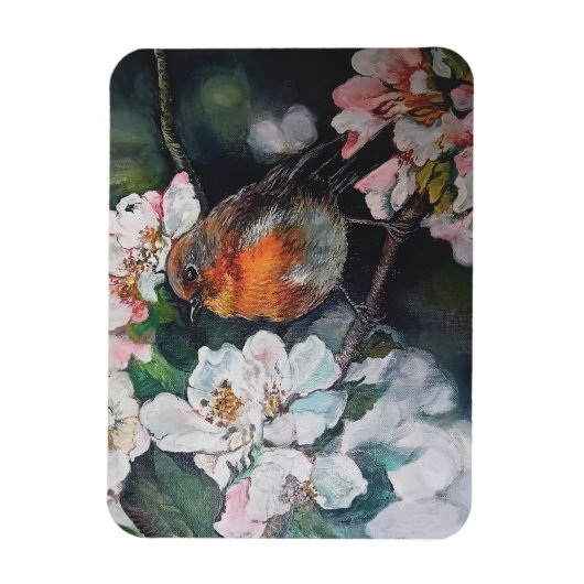 Robin mit Kirschblüte Magnet (Vertikal)