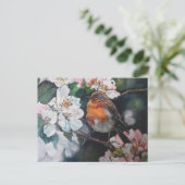 Robin mit Kirschblüte Postkarte (Stehend Vorderseite)