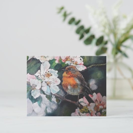 Robin mit Kirschblüte Postkarte (Stehend Vorderseite)