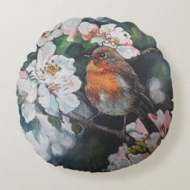 Robin mit Kirschblüte Rundes Kissen