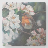 Robin mit Kirschblüte Steinuntersetzer (Vorderseite)