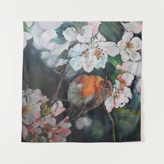 Robin mit Kirschblüte Wandteppich (Vorderseite (Horizontal))