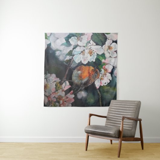 Robin mit Kirschblüte Wandteppich (Beispiel (Horizontal))