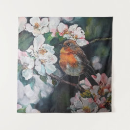 Robin mit Kirschblüte Wandteppich
