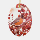 Robin mit roten Berries Keramikornament (Vorne)