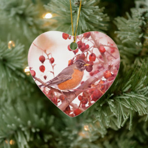 Robin mit roten Berries Keramikornament