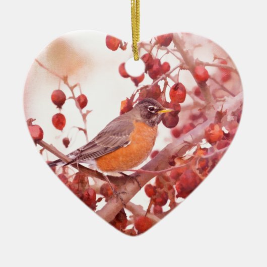 Robin mit roten Berries Keramikornament (Vorne)