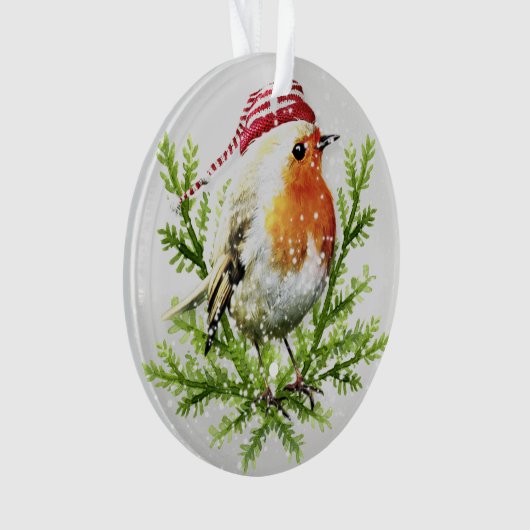 Robin mit Weihnachtsmannmütze und Schnee Ornament (Vorderseite)