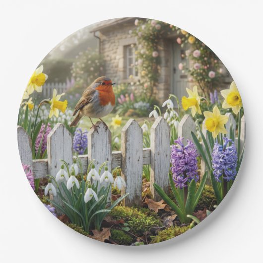 Robin On a Spring Garden Picket Fence Pappteller (Vorderseite)