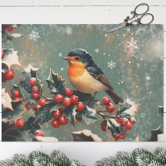 Robin on Holly Branch in Snow Decoupage Seidenpapier